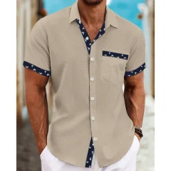 Online OUKU Men's Shirt Linen Shirt Summer Shirt Beach Wear Button Up Shirt Plain Casual Daily White Blue Green Khaki Short Sleeve Collar Summer Spring Clothing Apparel