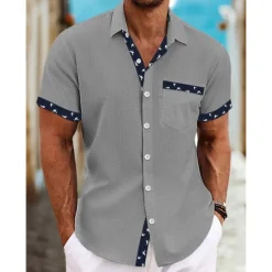 Online OUKU Men's Shirt Linen Shirt Summer Shirt Beach Wear Button Up Shirt Plain Casual Daily White Blue Green Khaki Short Sleeve Collar Summer Spring Clothing Apparel