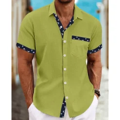Online OUKU Men's Shirt Linen Shirt Summer Shirt Beach Wear Button Up Shirt Plain Casual Daily White Blue Green Khaki Short Sleeve Collar Summer Spring Clothing Apparel
