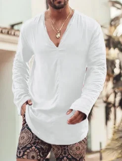Discount OUKU Men's Shirt Linen Shirt Summer Shirt Beach Wear Casual Shirt Plain Vacation Curise Black White Light Blue Long Sleeve V Neck Spring & Summer Clothing Apparel
