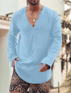 Discount OUKU Men's Shirt Linen Shirt Summer Shirt Beach Wear Casual Shirt Plain Vacation Curise Black White Light Blue Long Sleeve V Neck Spring & Summer Clothing Apparel
