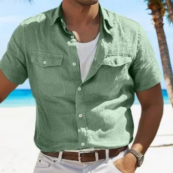 Online OUKU Men's Shirt Linen Shirt Summer Shirt Beach Shirt Solid Color Vacation Curise Green Light Grey Light Blue Short Sleeve Fold-over Collar Spring & Summer Clothing Apparel Pocket