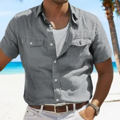 Online OUKU Men's Shirt Linen Shirt Summer Shirt Beach Shirt Solid Color Vacation Curise Green Light Grey Light Blue Short Sleeve Fold-over Collar Spring & Summer Clothing Apparel Pocket
