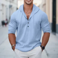 New OUKU Men's Shirt Linen Shirt Summer Shirt Beach Wear Plain Vacation Curise White Red Blue Brown Long Sleeve Hooded Spring & Summer Clothing Apparel