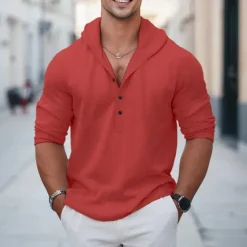New OUKU Men's Shirt Linen Shirt Summer Shirt Beach Wear Plain Vacation Curise White Red Blue Brown Long Sleeve Hooded Spring & Summer Clothing Apparel