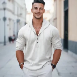 New OUKU Men's Shirt Linen Shirt Summer Shirt Beach Wear Plain Vacation Curise White Red Blue Brown Long Sleeve Hooded Spring & Summer Clothing Apparel