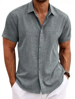 Clearance OUKU Men's Shirt Linen Shirt Summer Shirt Casual Shirt Beach Shirt Button Down Shirt Plain Casual Daily Black White Blue Green Short Sleeve Lapel Summer Clothing Apparel