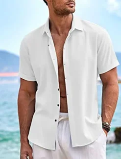 Clearance OUKU Men's Shirt Linen Shirt Summer Shirt Casual Shirt Beach Shirt Button Down Shirt Plain Casual Daily Black White Blue Green Short Sleeve Lapel Summer Clothing Apparel