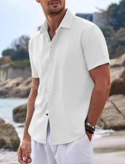 Clearance OUKU Men's Shirt Linen Shirt Summer Shirt Casual Shirt Beach Shirt Button Down Shirt Plain Casual Daily Black White Blue Green Short Sleeve Lapel Summer Clothing Apparel