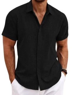 Clearance OUKU Men's Shirt Linen Shirt Summer Shirt Casual Shirt Beach Shirt Button Down Shirt Plain Casual Daily Black White Blue Green Short Sleeve Lapel Summer Clothing Apparel