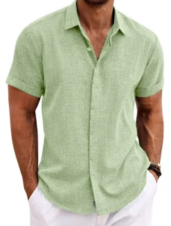 Clearance OUKU Men's Shirt Linen Shirt Summer Shirt Casual Shirt Beach Shirt Button Down Shirt Plain Casual Daily Black White Blue Green Short Sleeve Lapel Summer Clothing Apparel