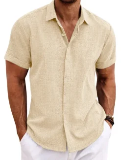 Clearance OUKU Men's Shirt Linen Shirt Summer Shirt Casual Shirt Beach Shirt Button Down Shirt Plain Casual Daily Black White Blue Green Short Sleeve Lapel Summer Clothing Apparel