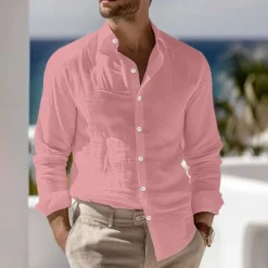 Outlet OUKU Men's Shirt Linen Shirt Summer Shirt Beach Wear Button Up Shirt Plain Vacation Curise Black White Pink Blue Long Sleeve Collar Spring & Summer Clothing Apparel