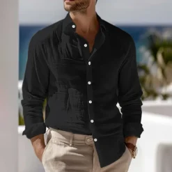 Outlet OUKU Men's Shirt Linen Shirt Summer Shirt Beach Wear Button Up Shirt Plain Vacation Curise Black White Pink Blue Long Sleeve Collar Spring & Summer Clothing Apparel