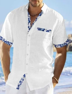 Online OUKU Men's Shirt Linen Shirt Summer Shirt Beach Wear Button Up Shirt Floral Vacation Curise White Pink Navy Blue Blue Short Sleeve Lapel Summer Clothing Apparel