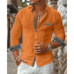 Online OUKU Men's Shirt Linen Shirt Summer Shirt Beach Wear Button Up Shirt Plain Casual Daily Black Orange Beige Long Sleeve Collar Spring & Summer Clothing Apparel