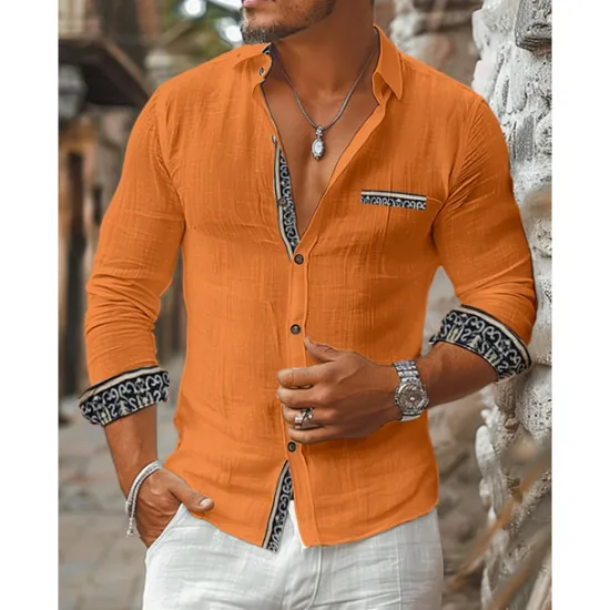 Online OUKU Men's Shirt Linen Shirt Summer Shirt Beach Wear Button Up Shirt Plain Casual Daily Black Orange Beige Long Sleeve Collar Spring & Summer Clothing Apparel
