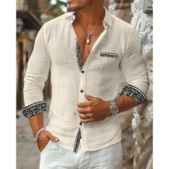 Online OUKU Men's Shirt Linen Shirt Summer Shirt Beach Wear Button Up Shirt Plain Casual Daily Black Orange Beige Long Sleeve Collar Spring & Summer Clothing Apparel