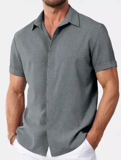Discount OUKU Men's Shirt Linen Shirt Summer Shirt Casual Shirt Beach Shirt Button Down Shirt Plain Casual Daily Black White Pink Blue Short Sleeve Collar Summer Clothing Apparel