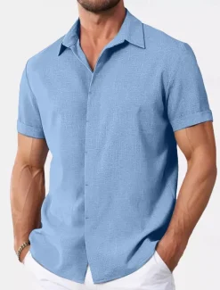 Discount OUKU Men's Shirt Linen Shirt Summer Shirt Casual Shirt Beach Shirt Button Down Shirt Plain Casual Daily Black White Pink Blue Short Sleeve Collar Summer Clothing Apparel