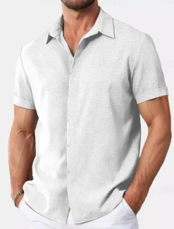 Discount OUKU Men's Shirt Linen Shirt Summer Shirt Casual Shirt Beach Shirt Button Down Shirt Plain Casual Daily Black White Pink Blue Short Sleeve Collar Summer Clothing Apparel