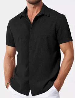 Discount OUKU Men's Shirt Linen Shirt Summer Shirt Casual Shirt Beach Shirt Button Down Shirt Plain Casual Daily Black White Pink Blue Short Sleeve Collar Summer Clothing Apparel