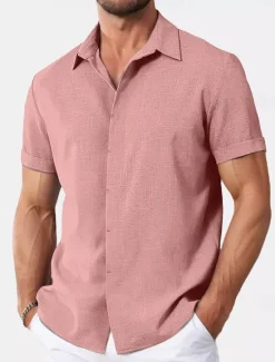 Discount OUKU Men's Shirt Linen Shirt Summer Shirt Casual Shirt Beach Shirt Button Down Shirt Plain Casual Daily Black White Pink Blue Short Sleeve Collar Summer Clothing Apparel