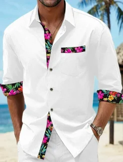Online OUKU Men's Shirt Linen Shirt Summer Shirt Beach Wear Button Up Shirt Floral Vacation Curise Black White Pink Blue Long Sleeve Lapel Spring & Fall Clothing Apparel Splice