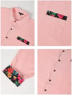 Online OUKU Men's Shirt Linen Shirt Summer Shirt Beach Wear Button Up Shirt Floral Vacation Curise Black White Pink Blue Long Sleeve Lapel Spring & Fall Clothing Apparel Splice