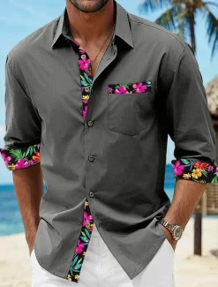 Online OUKU Men's Shirt Linen Shirt Summer Shirt Beach Wear Button Up Shirt Floral Vacation Curise Black White Pink Blue Long Sleeve Lapel Spring & Fall Clothing Apparel Splice