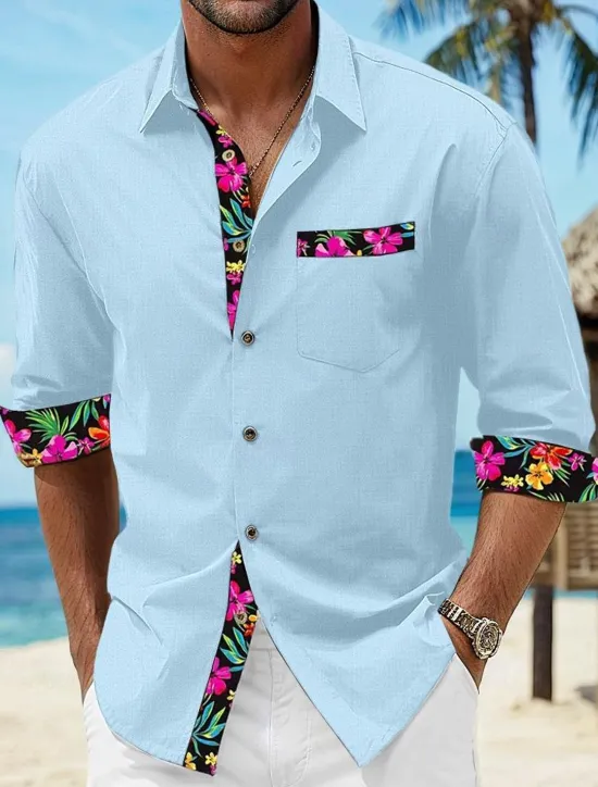 Online OUKU Men's Shirt Linen Shirt Summer Shirt Beach Wear Button Up Shirt Floral Vacation Curise Black White Pink Blue Long Sleeve Lapel Spring & Fall Clothing Apparel Splice