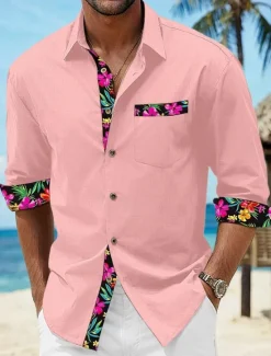 Online OUKU Men's Shirt Linen Shirt Summer Shirt Beach Wear Button Up Shirt Floral Vacation Curise Black White Pink Blue Long Sleeve Lapel Spring & Fall Clothing Apparel Splice