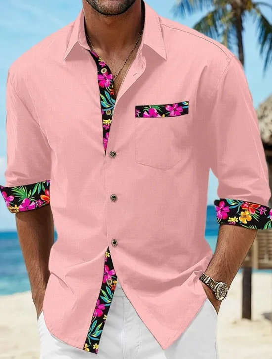 Online OUKU Men's Shirt Linen Shirt Summer Shirt Beach Wear Button Up Shirt Floral Vacation Curise Black White Pink Blue Long Sleeve Lapel Spring & Fall Clothing Apparel Splice