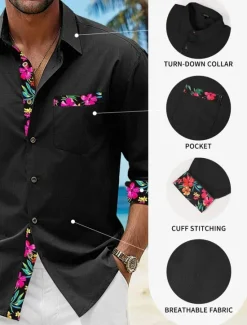 Online OUKU Men's Shirt Linen Shirt Summer Shirt Beach Wear Button Up Shirt Floral Vacation Curise Black White Pink Blue Long Sleeve Lapel Spring & Fall Clothing Apparel Splice