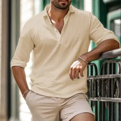 Discount OUKU Men's Shirt Linen Shirt Summer Shirt Beach Wear Plain Vacation Casual White Khaki Light Grey Light Blue Long Sleeve Lapel Spring & Summer Clothing Apparel