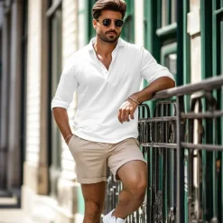 Discount OUKU Men's Shirt Linen Shirt Summer Shirt Beach Wear Plain Vacation Casual White Khaki Light Grey Light Blue Long Sleeve Lapel Spring & Summer Clothing Apparel