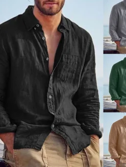 Best OUKU Men's Shirt Linen Shirt Summer Shirt Beach Shirt Untucked Shirts Solid Color Outdoor Vacation Black Brown Green Khaki Long Sleeve Turndown Spring & Fall Clothing Apparel Button-Down