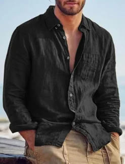 Best OUKU Men's Shirt Linen Shirt Summer Shirt Beach Shirt Untucked Shirts Solid Color Outdoor Vacation Black Brown Green Khaki Long Sleeve Turndown Spring & Fall Clothing Apparel Button-Down