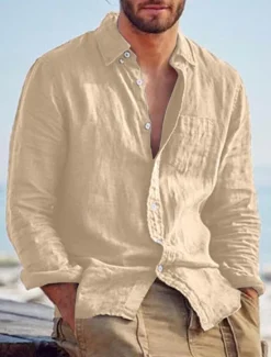 Best OUKU Men's Shirt Linen Shirt Summer Shirt Beach Shirt Untucked Shirts Solid Color Outdoor Vacation Black Brown Green Khaki Long Sleeve Turndown Spring & Fall Clothing Apparel Button-Down