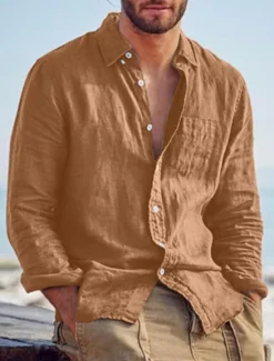 Best OUKU Men's Shirt Linen Shirt Summer Shirt Beach Shirt Untucked Shirts Solid Color Outdoor Vacation Black Brown Green Khaki Long Sleeve Turndown Spring & Fall Clothing Apparel Button-Down