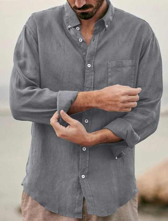 Best OUKU Men's Shirt Linen Shirt Summer Shirt Beach Shirt Untucked Shirts Solid Color Outdoor Vacation Black Brown Green Khaki Long Sleeve Turndown Spring & Fall Clothing Apparel Button-Down