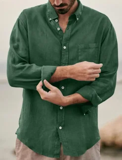 Best OUKU Men's Shirt Linen Shirt Summer Shirt Beach Shirt Untucked Shirts Solid Color Outdoor Vacation Black Brown Green Khaki Long Sleeve Turndown Spring & Fall Clothing Apparel Button-Down
