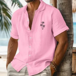 Online OUKU Men's Shirt Linen Shirt Summer Shirt Beach Wear Summer Hawaiian Shirt Button Up Shirt Solid Color Vacation Curise White Pink Blue Beige Short Sleeve Fold-over Collar Spring & Summer Clothing Apparel
