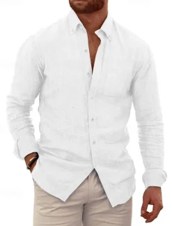 Best OUKU Men's Shirt Linen Shirt Summer Shirt Beach Wear Button Up Shirt Plain Vacation Casual Black White Blue Brown Long Sleeve Button Down Collar Spring & Summer Clothing Apparel