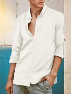 Best OUKU Men's Shirt Linen Shirt Summer Shirt Beach Wear Button Up Shirt Plain Vacation Casual Black White Blue Brown Long Sleeve Button Down Collar Spring & Summer Clothing Apparel