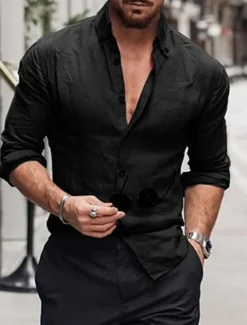 Best OUKU Men's Shirt Linen Shirt Summer Shirt Beach Wear Button Up Shirt Plain Vacation Casual Black White Blue Brown Long Sleeve Button Down Collar Spring & Summer Clothing Apparel