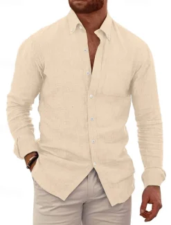 Best OUKU Men's Shirt Linen Shirt Summer Shirt Beach Wear Button Up Shirt Plain Vacation Casual Black White Blue Brown Long Sleeve Button Down Collar Spring & Summer Clothing Apparel