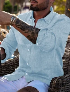 Best OUKU Men's Shirt Linen Shirt Summer Shirt Beach Wear Button Up Shirt Plain Vacation Casual Black White Blue Brown Long Sleeve Button Down Collar Spring & Summer Clothing Apparel