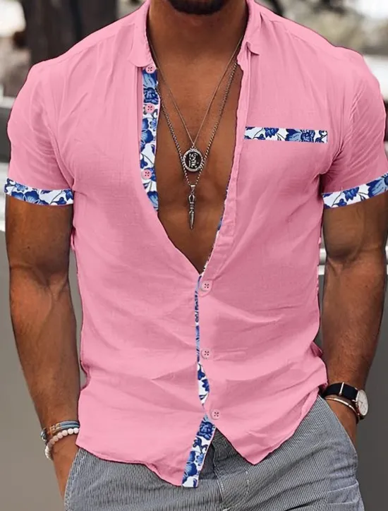 Best OUKU Men's Shirt Linen Shirt Summer Shirt Beach Wear Casual Shirt Button Up Shirt Color Block Vacation Curise Black White Pink Navy Blue Short Sleeve Lapel Summer Clothing Apparel Patchwork