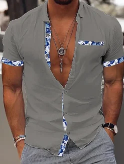 Best OUKU Men's Shirt Linen Shirt Summer Shirt Beach Wear Casual Shirt Button Up Shirt Color Block Vacation Curise Black White Pink Navy Blue Short Sleeve Lapel Summer Clothing Apparel Patchwork